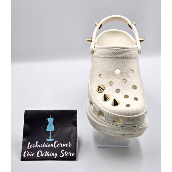 Crocs Women's White Off Bae Glitter Stud Platform Clogs Gold Spikes Sz 9  2360 - Picture 15 of 16